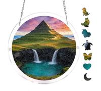 Vibrant Icelandic Waterfall & Green Hills 7.8x7.8Inch Acrylic Hanging Puzzle Suncatcher, Crystal Window Decor Wall Art Ornament, Home Decoration Gift