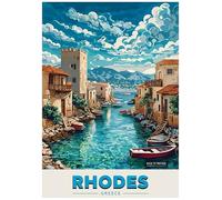 Vibrant Illustration Of A Picturesque Harbor In Rhodes - Retro Europe Travel Poster A4 Size Vintage Wall Art Print of Famous European Destinations Ideal for Home or Office Decor