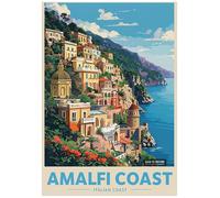 Vibrant Illustration Of Amalfi Coast With Mediterranean Landscape - Retro Europe Travel Poster A4 Size Vintage Wall Art Print of Famous European Destinations Ideal for Home or Office Decor