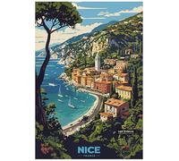 Vibrant Illustration Of Nice France's Coastal Village - Retro Europe Travel Poster A4 Size Vintage Wall Art Print of Famous European Destinations Ideal for Home or Office Decor