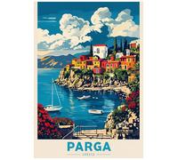 Vibrant Illustration of Parga Greece's Coastal Village - Retro Europe Travel Poster A4 Size Vintage Wall Art Print of Famous European Destinations Ideal for Home or Office Decor
