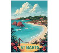 Vibrant Isometric Illustration Of St Barts Coastal Town - Retro Europe Travel Poster A4 Size Vintage Wall Art Print of Famous European Destinations Ideal for Home or Office Decor