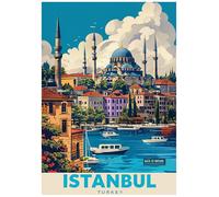 Vibrant Istanbul Poster Showcasing Waterfront And Mosque Architecture - Retro Europe Travel Poster A4 Size Vintage Wall Art Print of Famous European Destinations Ideal for Home or Office Decor