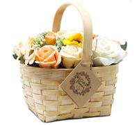 Vibrant Large Orange Bouquet In Wicker Basket - 10 Roses, Hyacinths & Sunflower