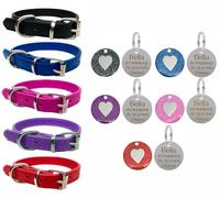 Vibrant Leather Dog Collar for Puppy, Dogs Small, Medium & Large With Personalised Engraved Round Glitter Heart Tag (Medium (28cm - 36cm Neck), Pink)