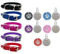 Vibrant Leather Dog Collar for Puppy, Dogs Small, Medium & Large With Personalised Engraved Round Glitter Paw Tag (Large (36cm - 46cm Neck), Purple)