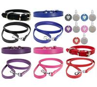 Vibrant Leather Dog Collar & Lead Combo Set for Puppy, Dogs Small, Medium & Large With Personalised Engraved Round Glitter Heart Tag (X-Small (20cm - 26cm Neck), Pink)
