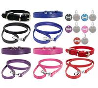Vibrant Leather Dog Collar & Lead Combo Set for Puppy, Dogs Small, Medium & Large With Personalised Engraved Round Glitter Bone Tag (X-Small (20cm - 26cm Neck), Blue)