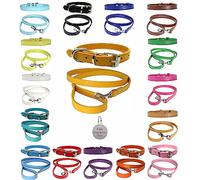 Vibrant Leather Dog Collar & Lead Combo Set for Puppy, Dogs Small, Medium & Large With Personalised Engraved Round Silver Pet Tag (Medium (28cm - 36cm Neck), Bright Gold)