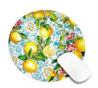 Vibrant Lemon Floral Mouse Pad, Yellow Green Citrus Design Stitched Edge Mousepad, Rubber Non-Slip Washable Gaming Mouse Pad for Summer Home and Office Use Round 8x8 Inch