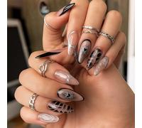 Vibrant Long Stiletto Almond Press On Nails With Glossy Finish And French Tip - Silver Glitter Swirl & Black Grey Leopard Print Designs Easy Application Reusable False Nail Kit