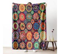 Vibrant Mandala Fleece Throw Blanket, Abstract Boho Floral Couch Blanket 50"x60" Lightweight, Vintage Circle Flower Blankets For Bed Warm Soft Cozy Bedding Blanket For Winter Fall Spring Summer