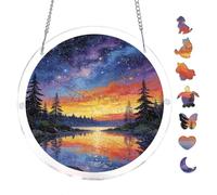 Vibrant Nebula Forest Lake Scene 7.8x7.8Inch Round Acrylic Jigsaw Puzzle Suncatcher, Crystal Window Decor Wall Art Ornament, Home Decoration Gift