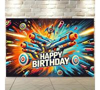 Vibrant Nerf Gun Birthday Backdrop Banner Made of Polyester Fabric, Wall Hanging with "Happy Birthday" Text, Targets, and Confetti Design 250x180CM