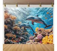 Vibrant Ocean World vinyl Background - Large underwater scenes featuring dolphins, coral reefs and fish 300x200CM