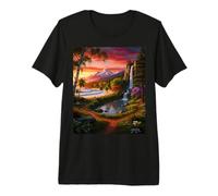 Vibrant Paradise Landscape: Sunset Mountain Waterfall Art Premium T-Shirt