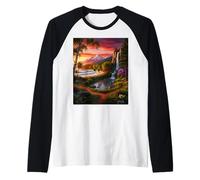 Vibrant Paradise Landscape: Sunset Mountain Waterfall Art Raglan Baseball Tee
