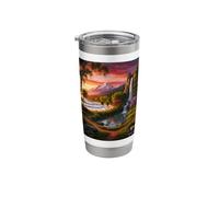 Vibrant Paradise Landscape: Sunset Mountain Waterfall Art Stainless Steel Insulated Tumbler