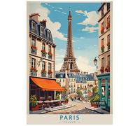 Vibrant Paris City Street Scene With Eiffel Tower And Café - Retro Europe Travel Poster A4 Size Vintage Wall Art Print of Famous European Destinations Ideal for Home or Office Decor