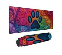 Vibrant Paw Print Large Gaming Mouse Pad, Rainbow Colorful Floral Design, Stitched Edge Non-Slip Mousepad for Home Office Computer, Laptop, Animal Lover Gift 12x32 Inch