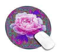 Vibrant Peach Floral Square Mouse Pad, Colorful Peony Design Stitched Edge Desk Mat, Non-Slip Washable Mousepad for Home Office PC and Laptop, Ideal for Spring Decor Round 8x8 Inch
