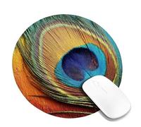 Vibrant Peacock Feather Desk Mouse Pad, Colorful Artistic Print Stitched Edge Mousepad, Rubber Non-Slip Washable Gaming Mouse Pad for Home and Office Use Round 8x8 Inch