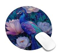 Vibrant Peacock Floral Desk Mouse Pad, Blue Violet Watercolor Flowers Stitched Edge Mousepad, Rubber Non-Slip Washable Gaming Mouse Pad for Home and Office Computer Round 8x8 Inch