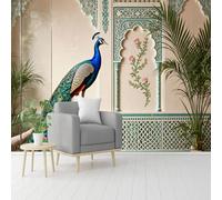 Vibrant Peacock with Intricate Tail & Turquoise Architecture, Self-Adhesive Wall Fabric (NO PVC), Removable Wallpaper, for Living Room, Bedroom, Office -Custom Size