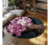 Vibrant Pink Flowers Carpets 240cm Black Woman Portrait Print Thin Washable Circle Rug for Living Room Bedroom All Season Home Decor