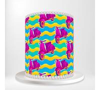 Vibrant Pink Mopeds Scooters Transport Wavy Youthful Wrap Around Print A4 Edible Paper Icing Sheet Cake Topper Side Ribbon Border Decor for Personalised Themed Decorations
