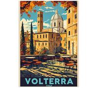 Vibrant Poster Depicting A Cafe Scene In Volterra City Italy - Retro Europe Travel Poster A4 Size Vintage Wall Art Print of Famous European Destinations Ideal for Home or Office Decor