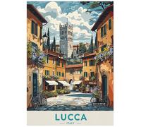 Vibrant Poster Depicting Quaint Street Scene In Lucca Italy - Retro Europe Travel Poster A4 Size Vintage Wall Art Print of Famous European Destinations Ideal for Home or Office Decor