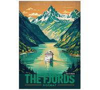 Vibrant Poster Illustration Highlighting The Beauty Of Norway's Fjords - Retro Europe Travel Poster A4 Size Vintage Wall Art Print of Famous European Destinations Ideal for Home or Office Decor