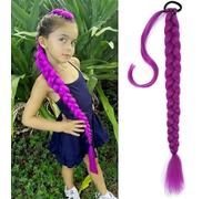 Vibrant Purple Pre-Braided Ponytail Hair Extension for Cosplay & Stage Performances - 24 Inch Thick Synthetic Braid with Elastic Tie & Textured Frayed Ends for Creative Fashion Styling