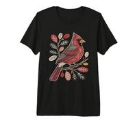 Vibrant Red Cardinal Bird Among Leaves Nature Botanical Premium T-Shirt
