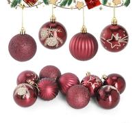 Vibrant Red Christmas Baubles Set 9PCS with Glitter & Patterns, Shatterproof Plastic Festive Tree Decorations in Red and Gold, Pre-Attached Hanging Ornaments for Holiday Decor(wine red)