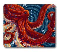 Vibrant Red Octopus Print Mouse Pad, Blue Ocean Nautical Coastal Desk Mat