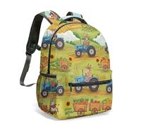 Vibrant Red Tractor Print Backpack 16 Inch Farm Animals Illustration Rural Countryside Scene Waterproof All-Over Printed Daypack (06)