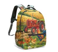 Vibrant Red Tractor Print Backpack 16 Inch Farm Animals Illustration Rural Countryside Scene Waterproof All-Over Printed Daypack (01)