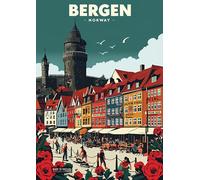 Vibrant Retro Illustration of Bergen's Charming Streets - A4 Wall Art, Inspirational World Map, Vintage City, Retro Poster, Home Decor for Living Room, Office, Gift Idea for Travel Lovers