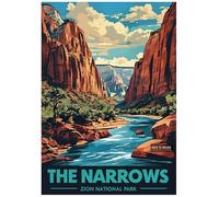 Vibrant Retro Illustration of Zion National Park’s The Narrows - Scenic National Park Poster A4 Vintage Travel Art Retro Wilderness Landscape for Nature Lovers and Adventure Home Wall Decor
