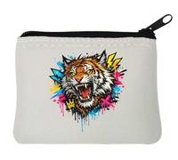 Vibrant Roaring Tiger Graffiti Neoprene Coin Purse Pouch 10x11cm White