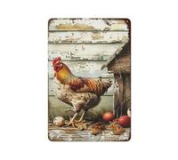 Vibrant Rooster in Rustic Farmyard: Countryside Charm Illustration Metal Wall Art Decorative Tin Sign for Home and Cave 12×8 Inch, 2D Flat