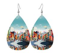 Vibrant rural areas double-sided printed leather earrings int and shape of water drops, creative, light and novel, bright and vivid colors.