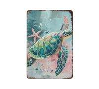 Vibrant Sea Turtle in Abstract Ocean: Retro Metal Art Print Metal Wall Art Decorative Tin Sign for Home and Cave 12×8 Inch, 2D Flat