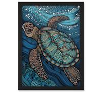 Vibrant Sea Turtle Swimming Under the Surface Artwork Framed Wall Art Print A4 Artery8 Black One Size