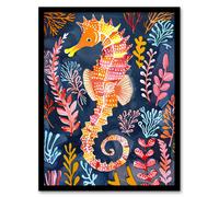 Vibrant Seahorse Colourful Coral Reef Folk Art Framed Wall Art Artery8 Multi A4