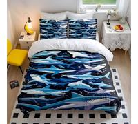 Vibrant Shark Bedding Set Double, Cartoon Ocean Duvet Cover, 3D Shark Print Duvet Set, Blue Shark Comforter, Kids Shark Duvet Cover Single, Shark Gifts for Shark Lovers (Print 1,Single + 50x75cm x2)