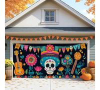 Vibrant Skull Garage Door Cover, Large Day of The Dead Decorations, Halloween Outdoor and Indoor Party Decor 157x71 Inch