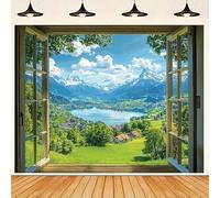 Vibrant spring landscape vinyl background - lush green trees and serene lake views, home and party background 250x180CM